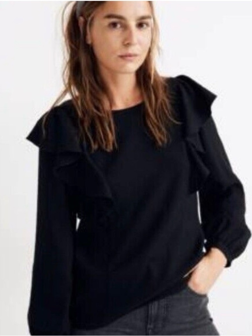 Madewell Black Ruffle-Shoulder Long-Sleeve Blouse
